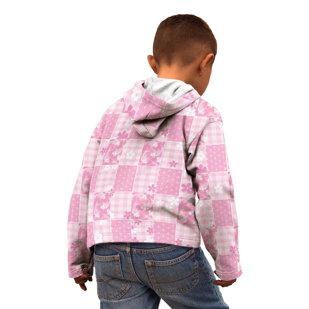 Pink Palaka Japanese Patterns Kid Hoodie Koi Fish Asanoha Sakura Patchwork Stylized - Polynesian Pride