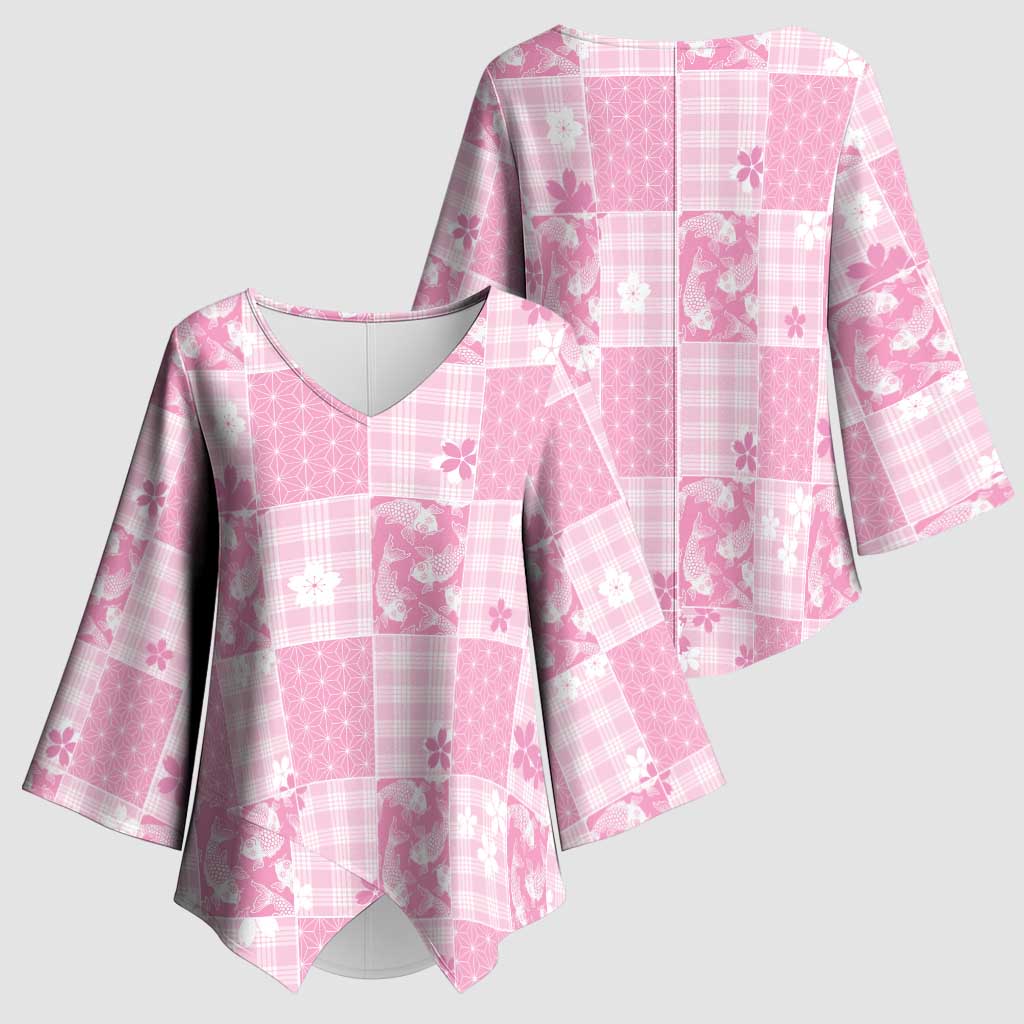 Pink Palaka Japanese Patterns Kimono Sleeve Blouse Koi Fish Asanoha Sakura Patchwork Stylized - Polynesian Pride