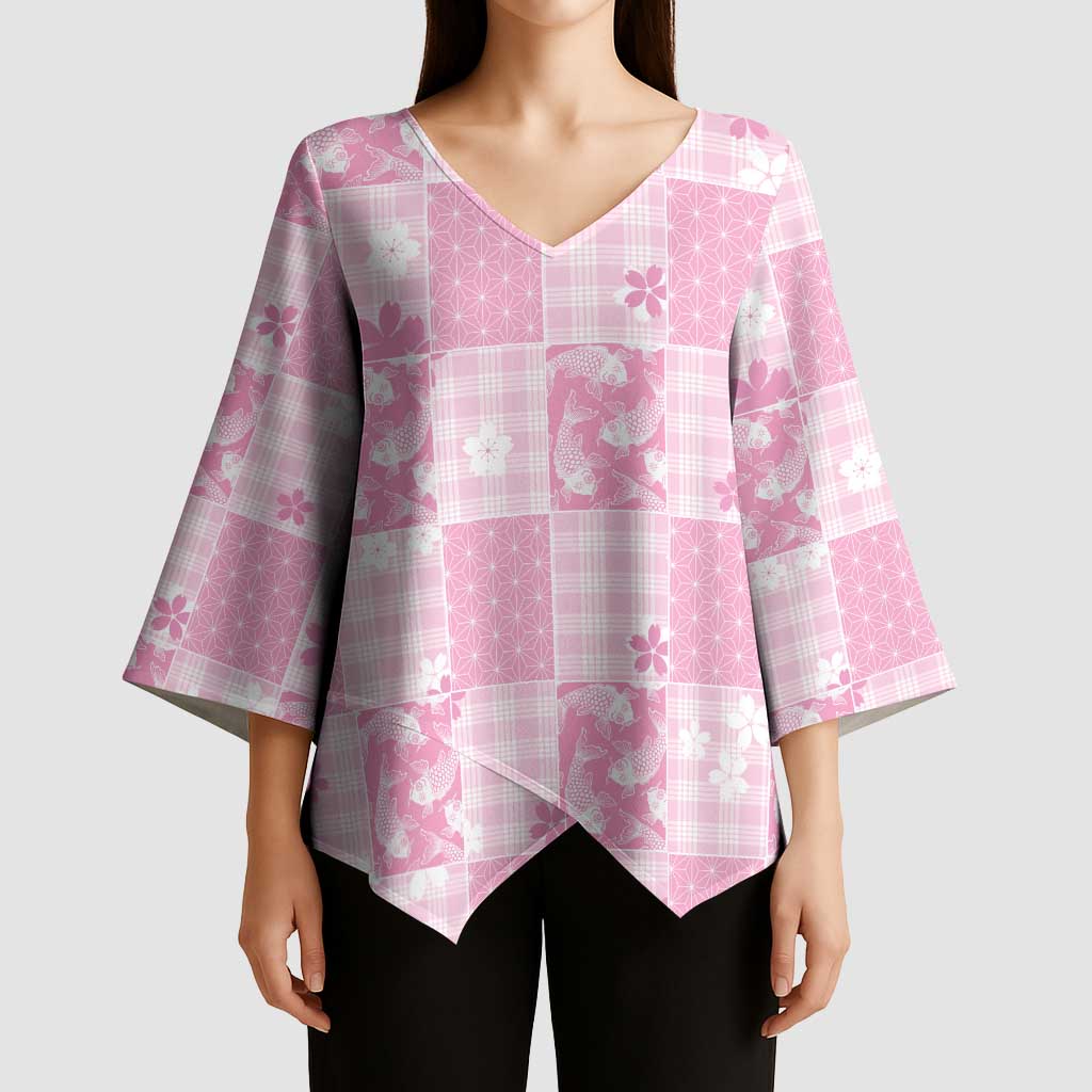 Pink Palaka Japanese Patterns Kimono Sleeve Blouse Koi Fish Asanoha Sakura Patchwork Stylized - Polynesian Pride