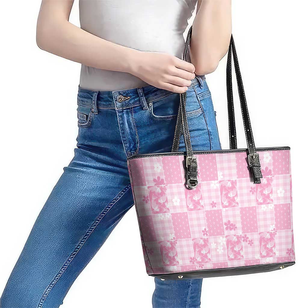 Pink Palaka Japanese Patterns Leather Tote Bag Koi Fish Asanoha Sakura Patchwork Stylized - Polynesian Pride