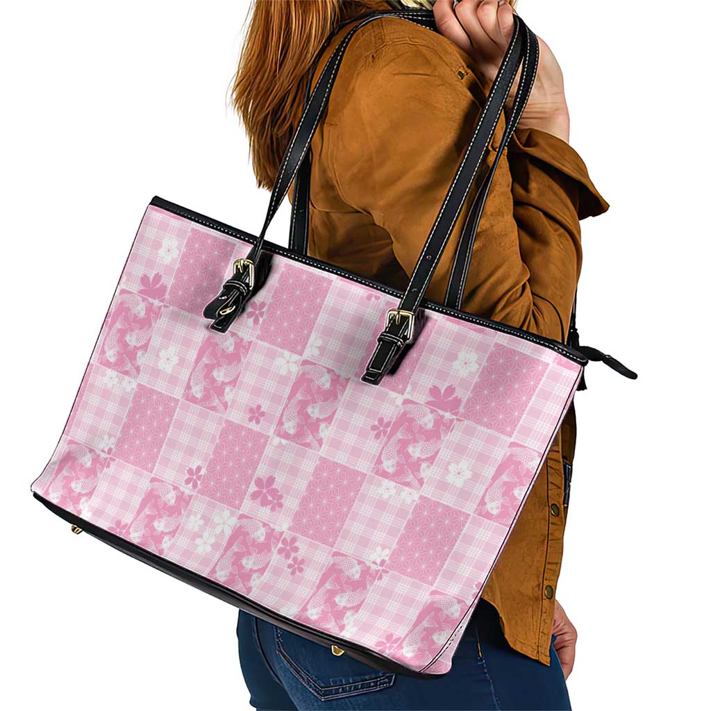 Pink Palaka Japanese Patterns Leather Tote Bag Koi Fish Asanoha Sakura Patchwork Stylized - Polynesian Pride