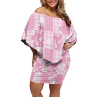 Pink Palaka Japanese Patterns Off Shoulder Short Dress Koi Fish Asanoha Sakura Patchwork Stylized - Polynesian Pride