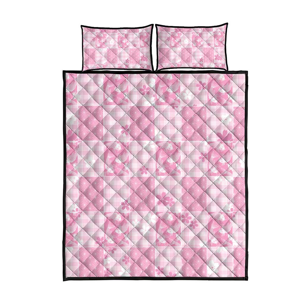 Pink Palaka Japanese Patterns Quilt Bed Set Koi Fish Asanoha Sakura Patchwork Stylized - Polynesian Pride