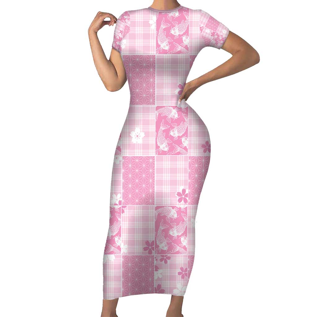 Pink Palaka Japanese Patterns Short Sleeve Bodycon Dress Koi Fish Asanoha Sakura Patchwork Stylized - Polynesian Pride