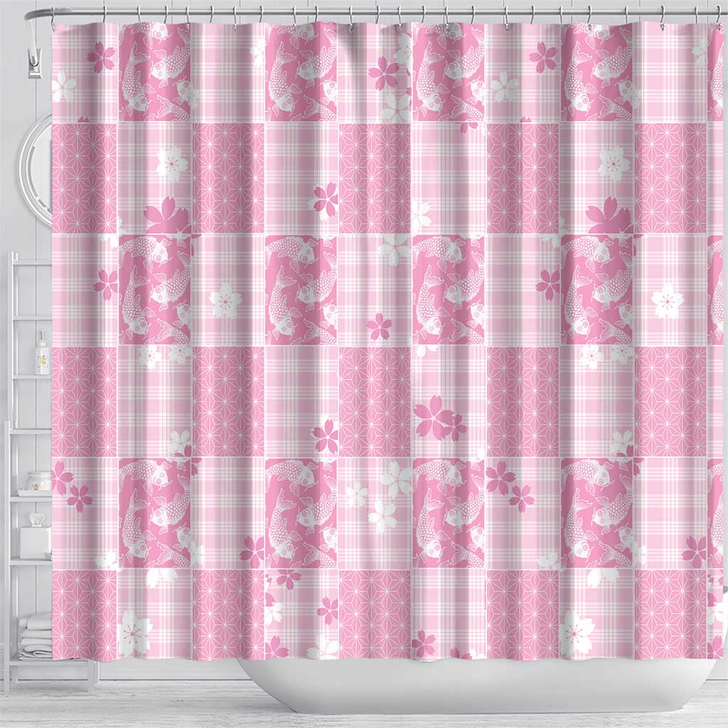 Pink Palaka Japanese Patterns Shower Curtain Koi Fish Asanoha Sakura Patchwork Stylized - Polynesian Pride