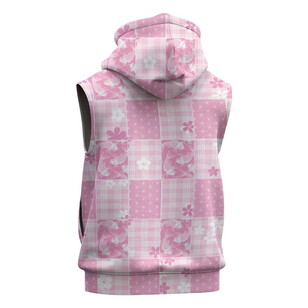 Pink Palaka Japanese Patterns Sleeveless Hoodie Koi Fish Asanoha Sakura Patchwork Stylized - Polynesian Pride