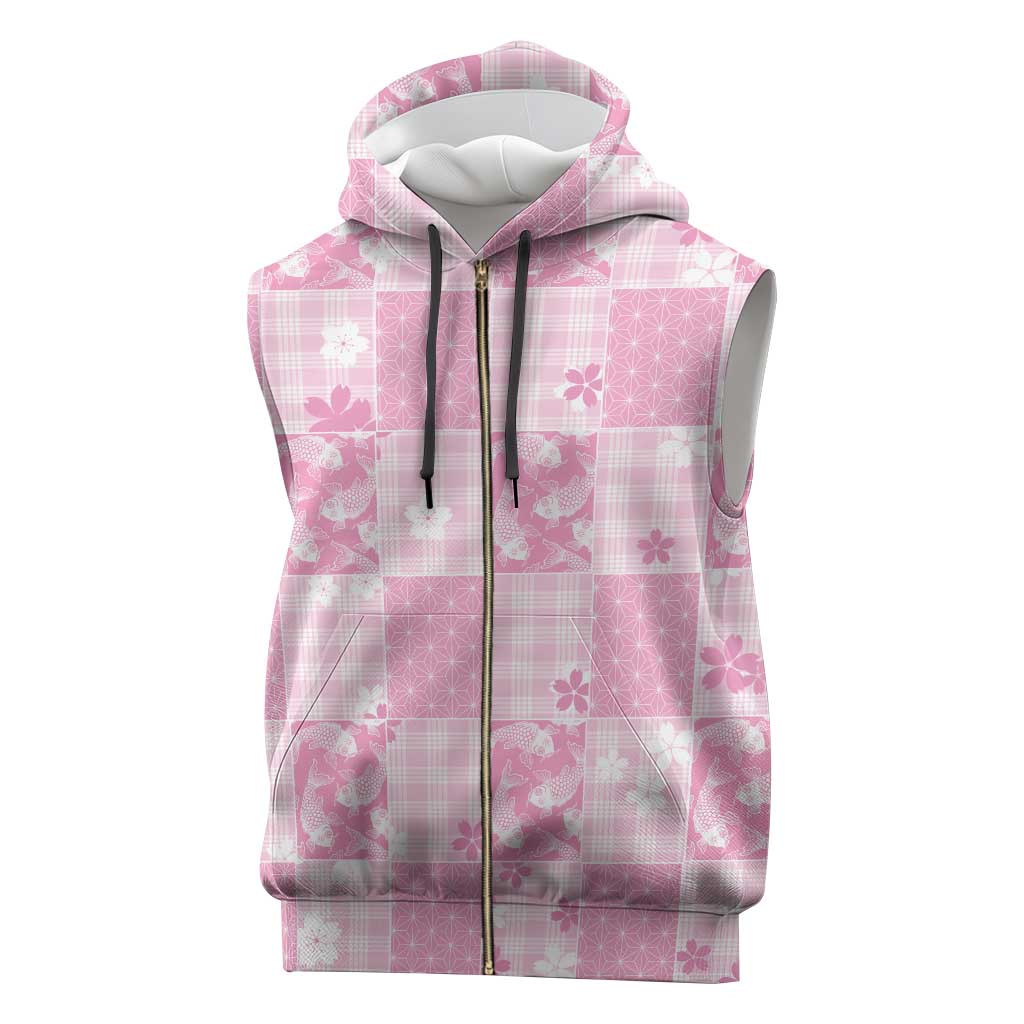Pink Palaka Japanese Patterns Sleeveless Zip Hoodie Koi Fish Asanoha Sakura Patchwork Stylized - Polynesian Pride