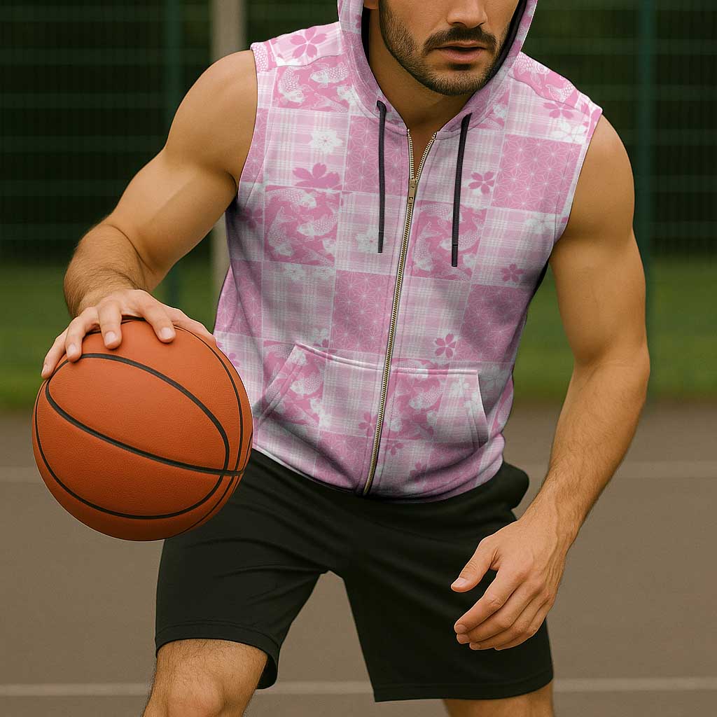Pink Palaka Japanese Patterns Sleeveless Zip Hoodie Koi Fish Asanoha Sakura Patchwork Stylized - Polynesian Pride