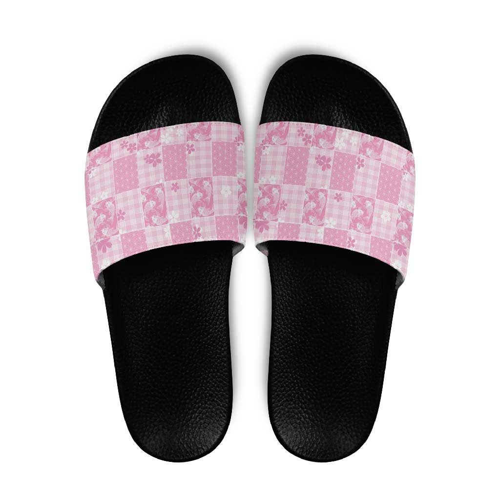 Pink Palaka Japanese Patterns Slide Sandals Koi Fish Asanoha Sakura Patchwork Stylized - Polynesian Pride