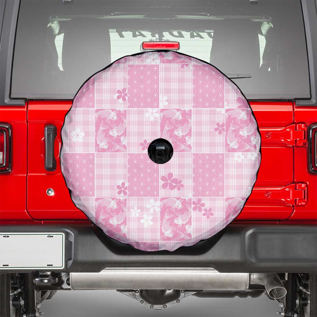 Pink Palaka Japanese Patterns Spare Tire Cover Koi Fish Asanoha Sakura Patchwork Stylized - Polynesian Pride