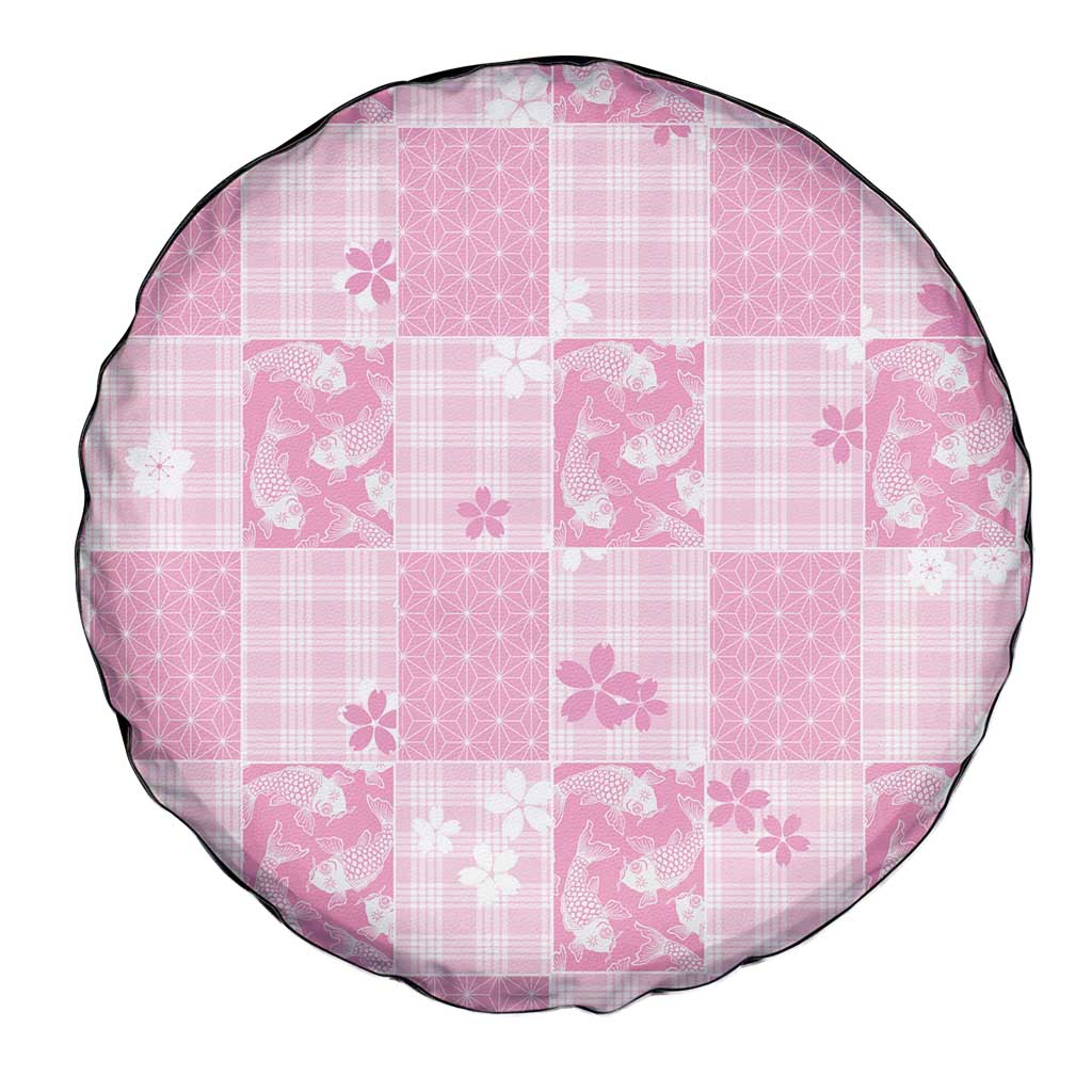 Pink Palaka Japanese Patterns Spare Tire Cover Koi Fish Asanoha Sakura Patchwork Stylized - Polynesian Pride