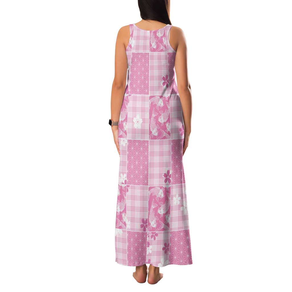 Pink Palaka Japanese Patterns Tank Maxi Dress Koi Fish Asanoha Sakura Patchwork Stylized - Polynesian Pride