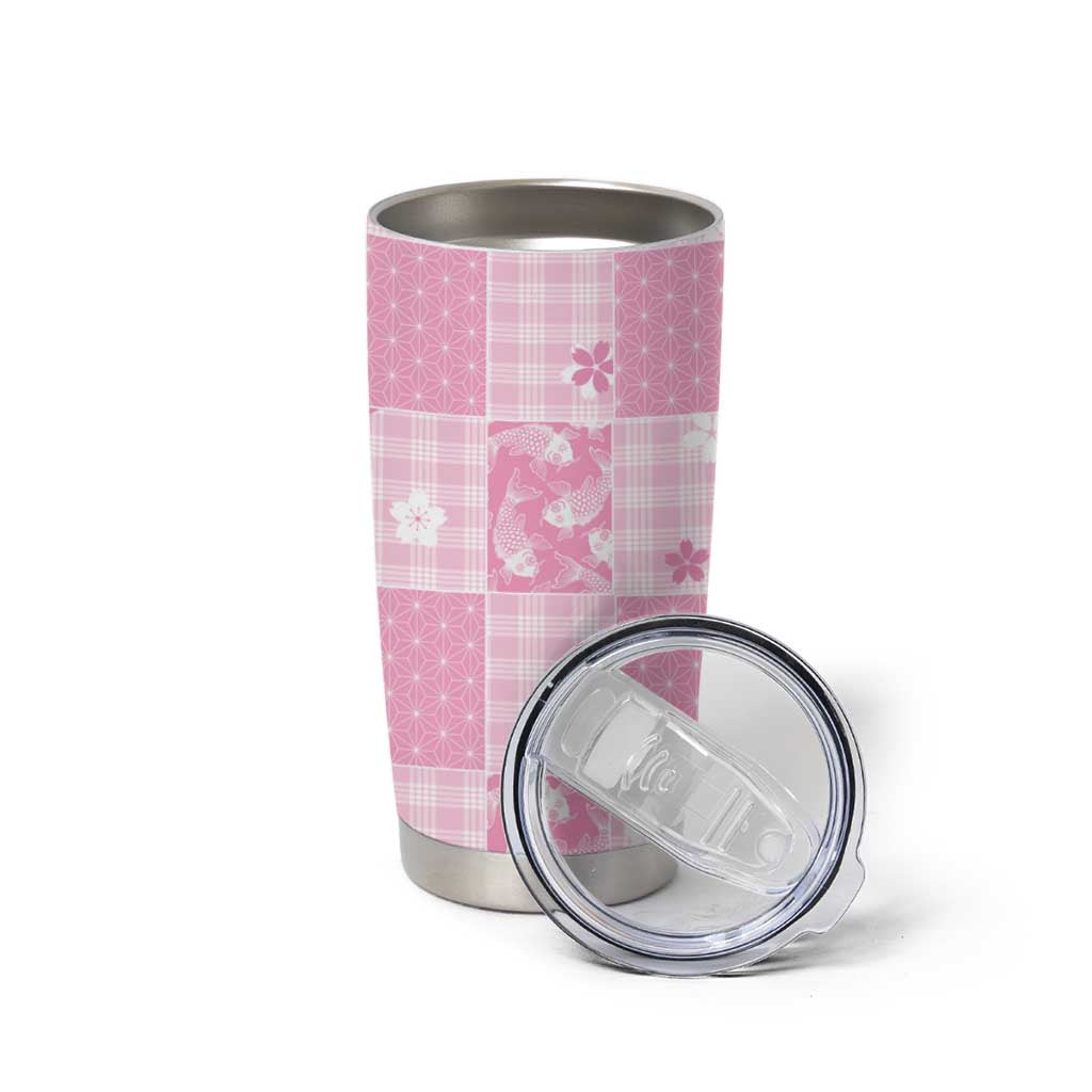Pink Palaka Japanese Patterns Tumbler Cup Koi Fish Asanoha Sakura Patchwork Stylized - Polynesian Pride
