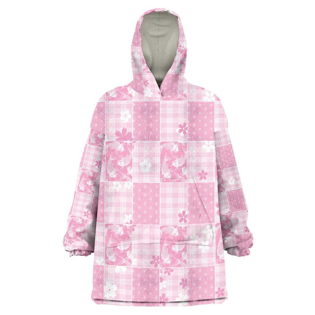 Pink Palaka Japanese Patterns Wearable Blanket Hoodie Koi Fish Asanoha Sakura Patchwork Stylized - Polynesian Pride