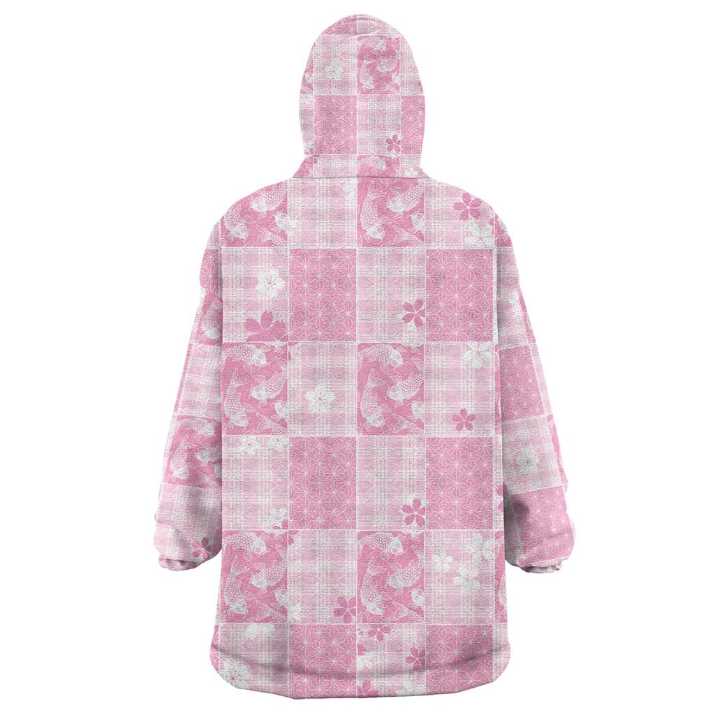 Pink Palaka Japanese Patterns Wearable Blanket Hoodie Koi Fish Asanoha Sakura Patchwork Stylized - Polynesian Pride
