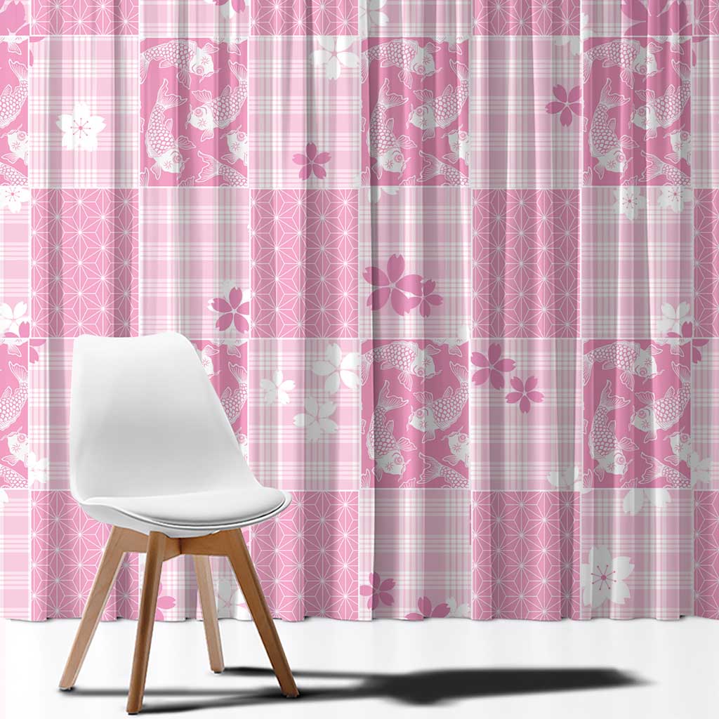Pink Palaka Japanese Patterns Window Curtain Koi Fish Asanoha Sakura Patchwork Stylized - Polynesian Pride