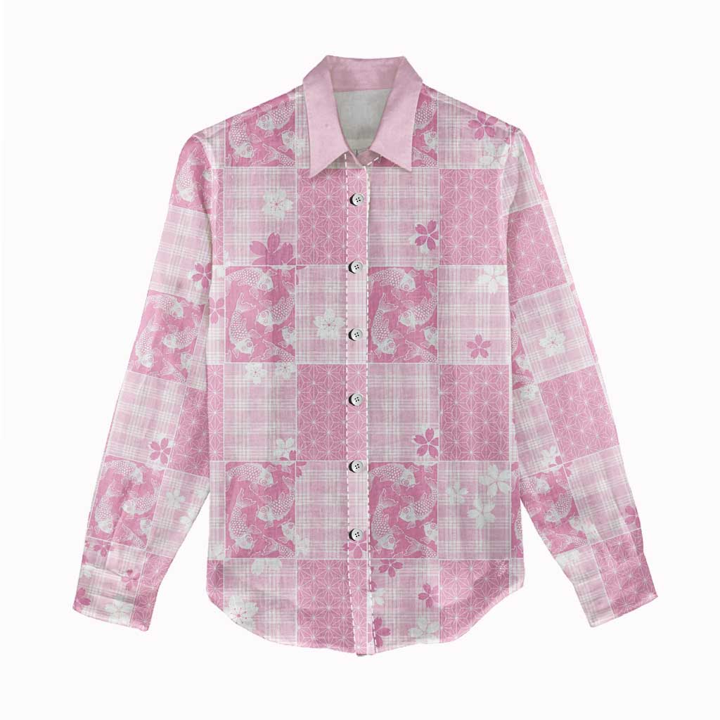 Pink Palaka Japanese Patterns Women Casual Shirt Koi Fish Asanoha Sakura Patchwork Stylized - Polynesian Pride