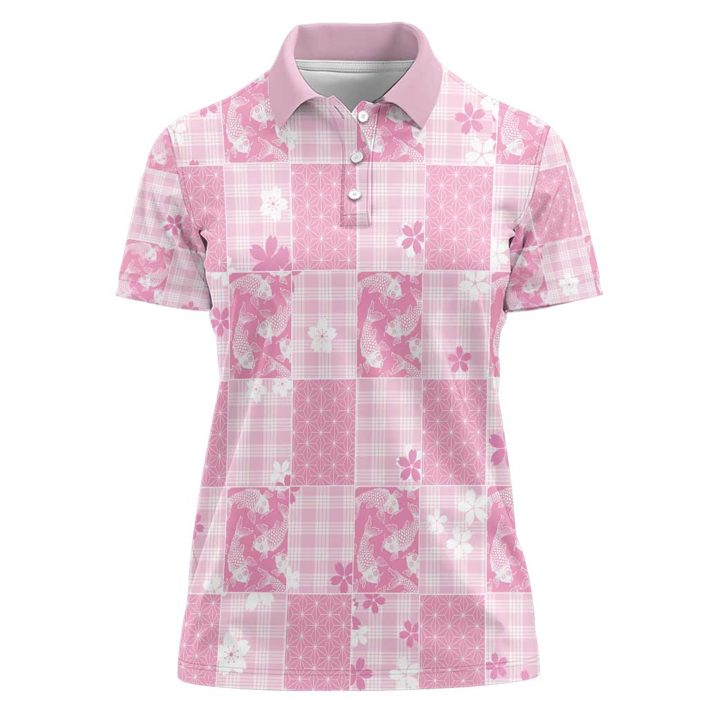 Pink Palaka Japanese Patterns Women Polo Shirt Koi Fish Asanoha Sakura Patchwork Stylized - Polynesian Pride
