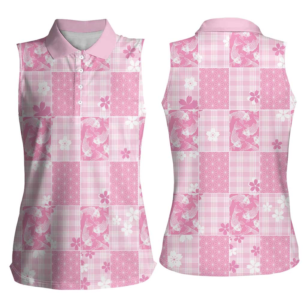 Pink Palaka Japanese Patterns Women Sleeveless Polo Shirt Koi Fish Asanoha Sakura Patchwork Stylized - Polynesian Pride