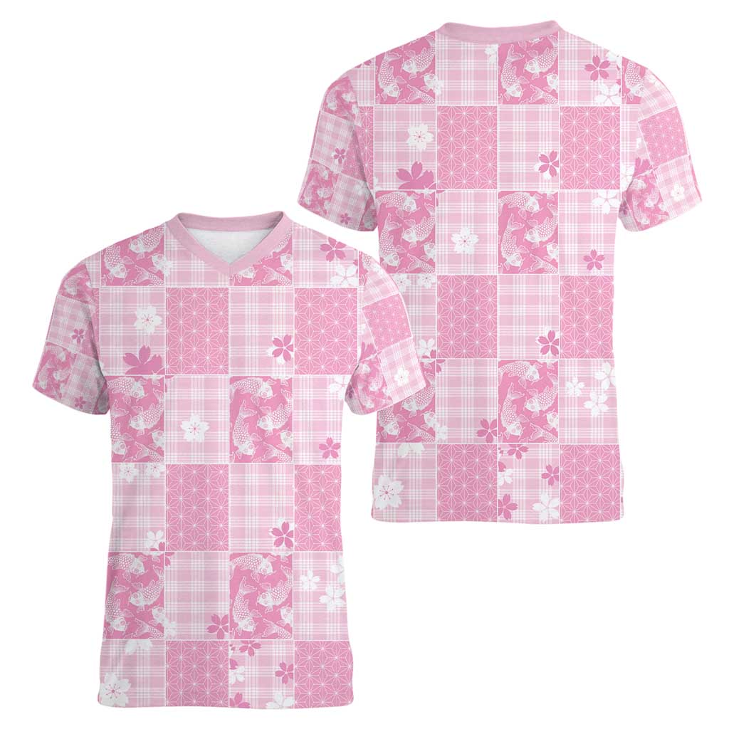 Pink Palaka Japanese Patterns Women V-Neck T-Shirt Koi Fish Asanoha Sakura Patchwork Stylized - Polynesian Pride