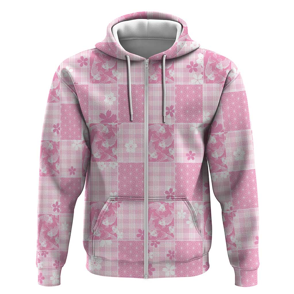 Pink Palaka Japanese Patterns Zip Hoodie Koi Fish Asanoha Sakura Patchwork Stylized - Polynesian Pride