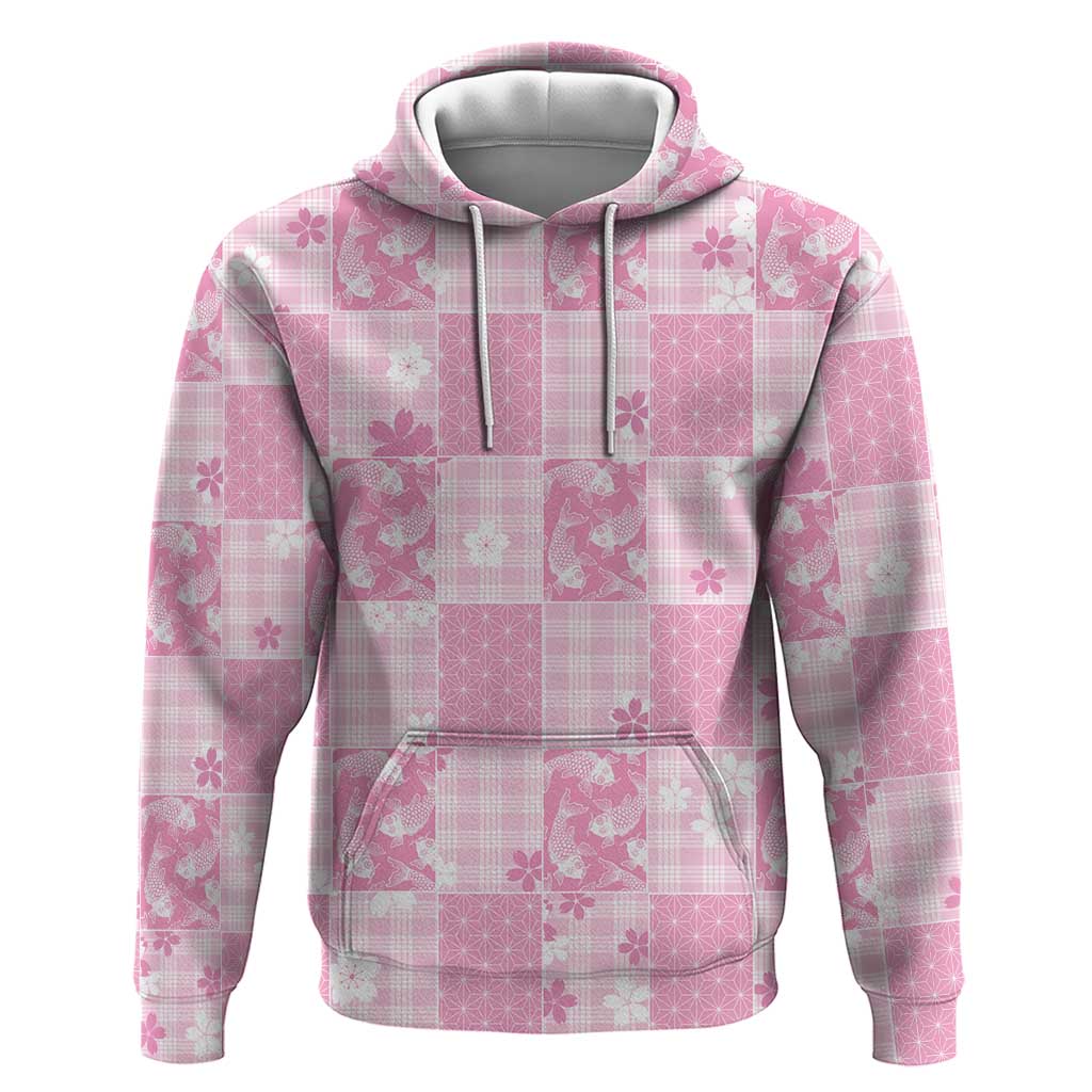 Pink Palaka Japanese Patterns Zip Hoodie Koi Fish Asanoha Sakura Patchwork Stylized - Polynesian Pride