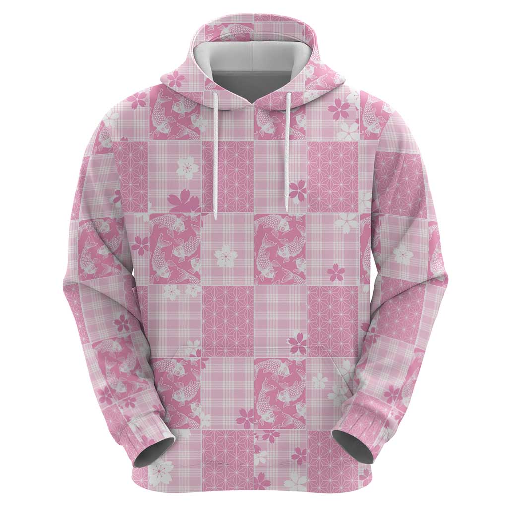 Pink Palaka Japanese Patterns Zip Hoodie Koi Fish Asanoha Sakura Patchwork Stylized - Polynesian Pride