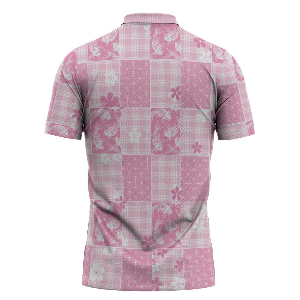 Pink Palaka Japanese Patterns Zipper Polo Shirt Koi Fish Asanoha Sakura Patchwork Stylized - Polynesian Pride