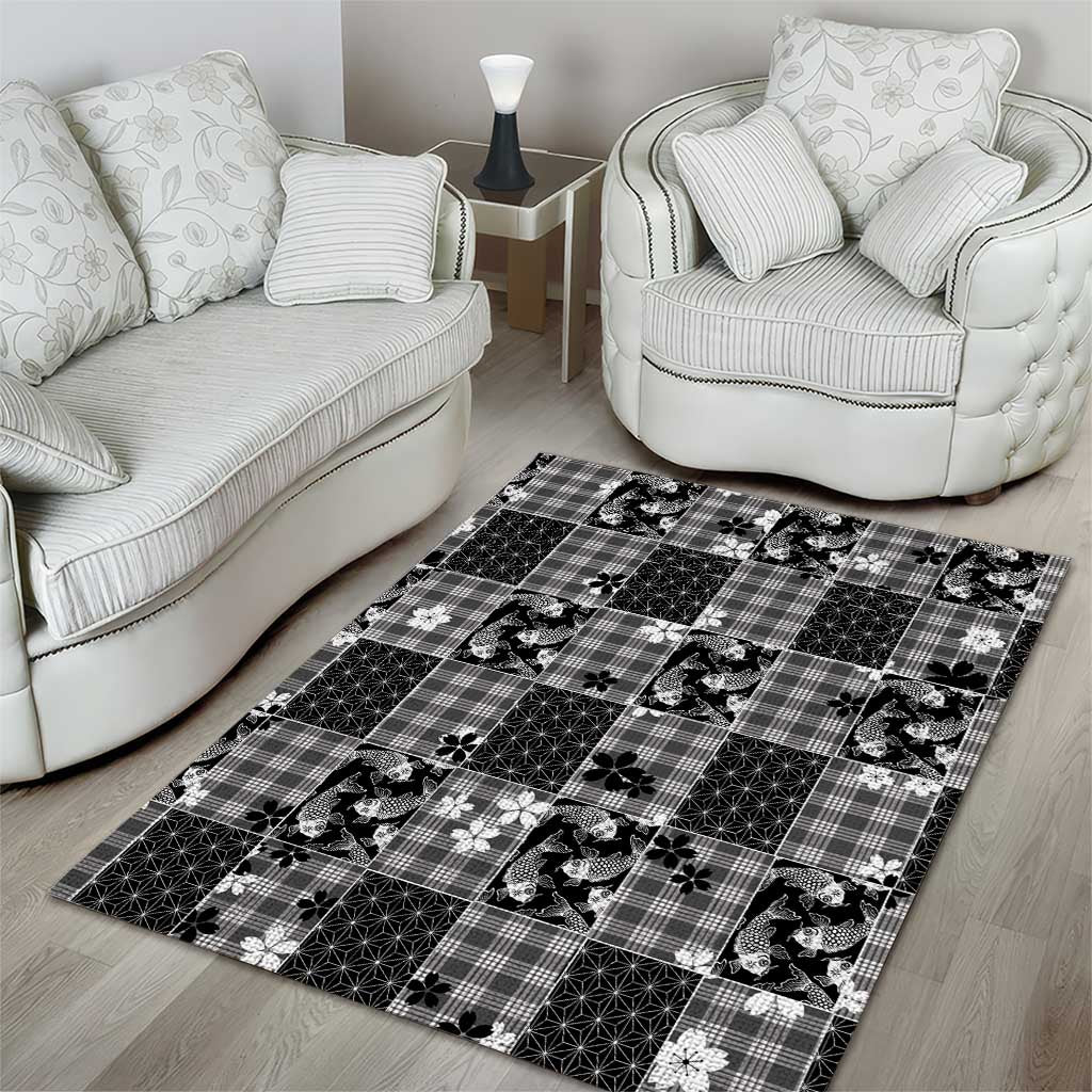 Black Palaka Japanese Patterns Area Rug Koi Fish Asanoha Sakura Patchwork Stylized - Polynesian Pride