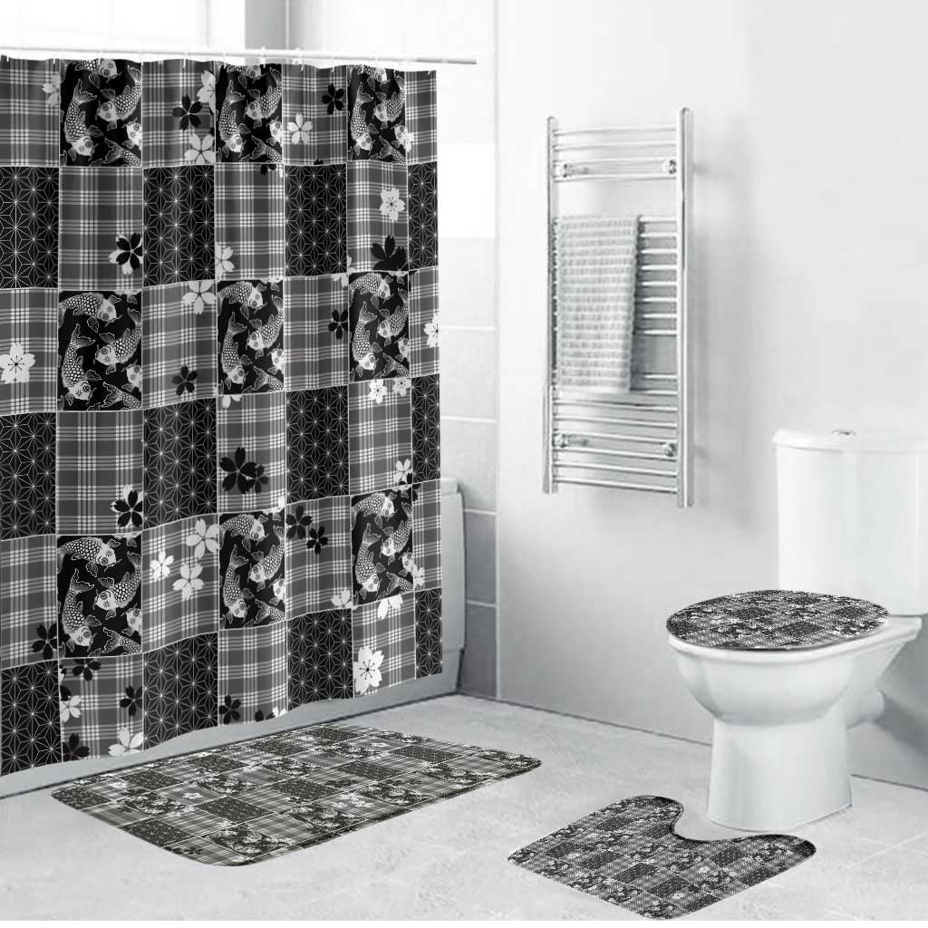 Black Palaka Japanese Patterns Bathroom Set Koi Fish Asanoha Sakura Patchwork Stylized - Polynesian Pride