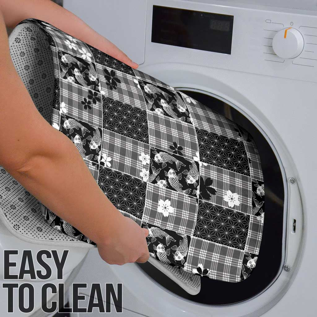 Black Palaka Japanese Patterns Bathroom Set Koi Fish Asanoha Sakura Patchwork Stylized - Polynesian Pride