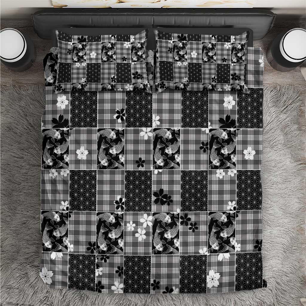 Black Palaka Japanese Patterns Bedding Set Koi Fish Asanoha Sakura Patchwork Stylized - Polynesian Pride