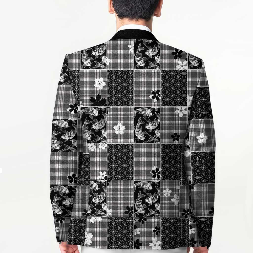 Black Palaka Japanese Patterns Blazer Koi Fish Asanoha Sakura Patchwork Stylized - Polynesian Pride