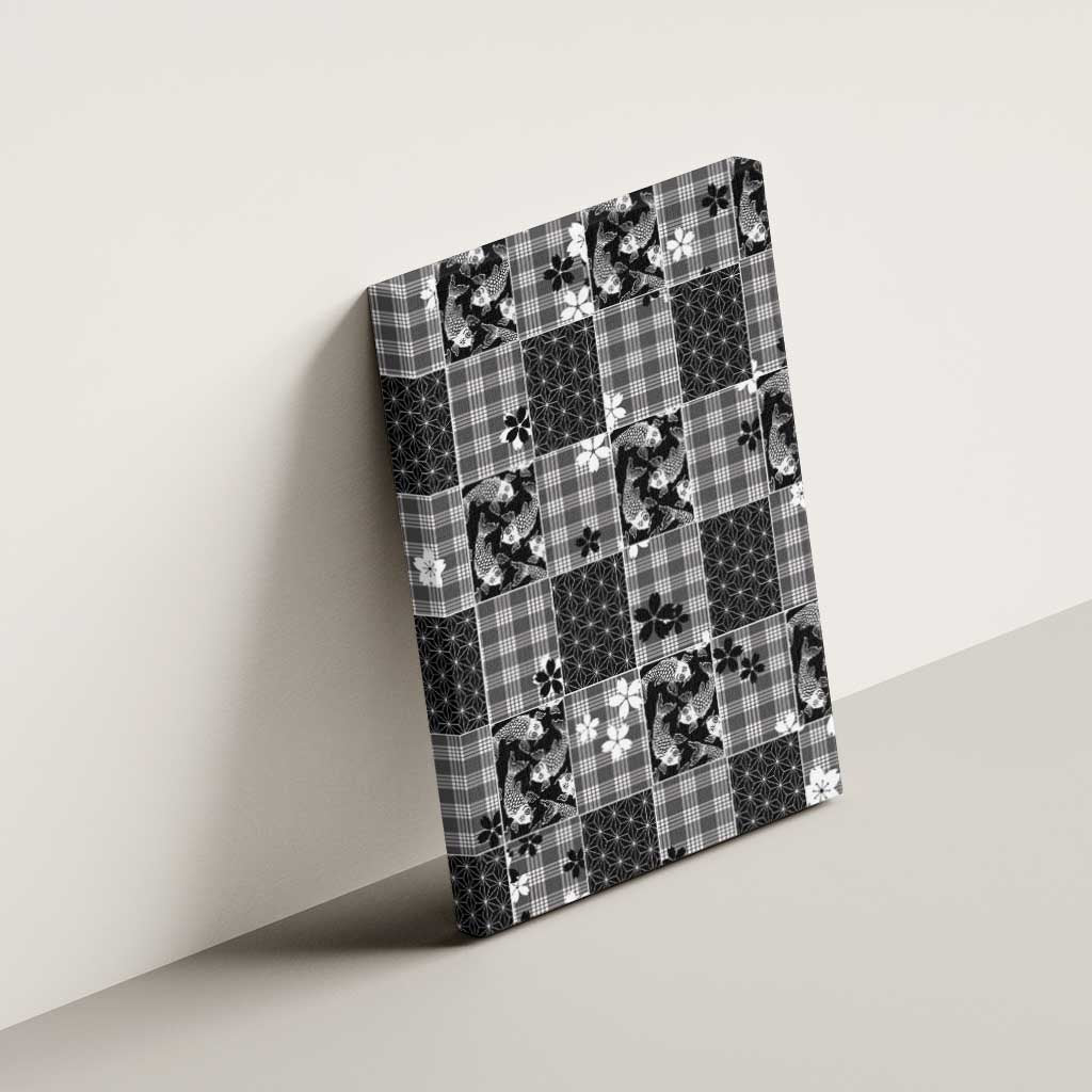 Black Palaka Japanese Patterns Canvas Wall Art Koi Fish Asanoha Sakura Patchwork Stylized - Polynesian Pride