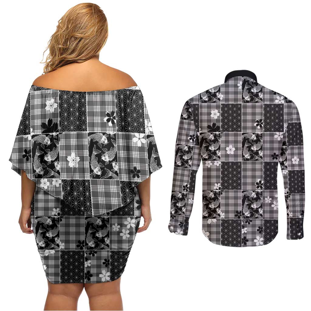 Black Palaka Japanese Patterns Couples Matching Off Shoulder Short Dress and Long Sleeve Button Shirt Koi Fish Asanoha Sakura Patchwork Stylized - Polynesian Pride
