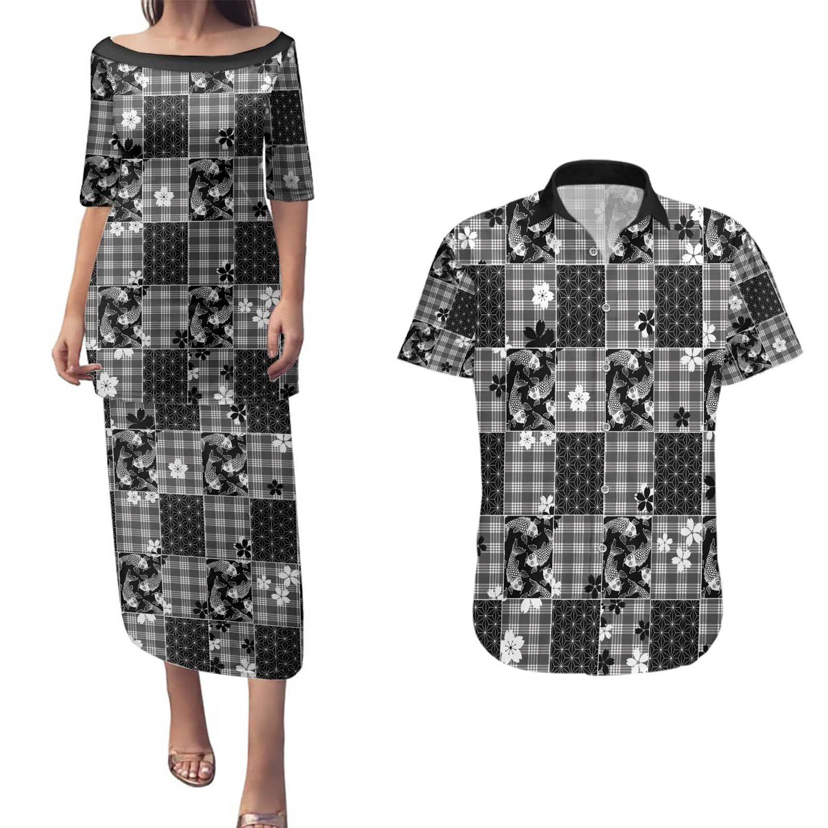 Black Palaka Japanese Patterns Couples Matching Puletasi and Hawaiian Shirt Koi Fish Asanoha Sakura Patchwork Stylized - Polynesian Pride