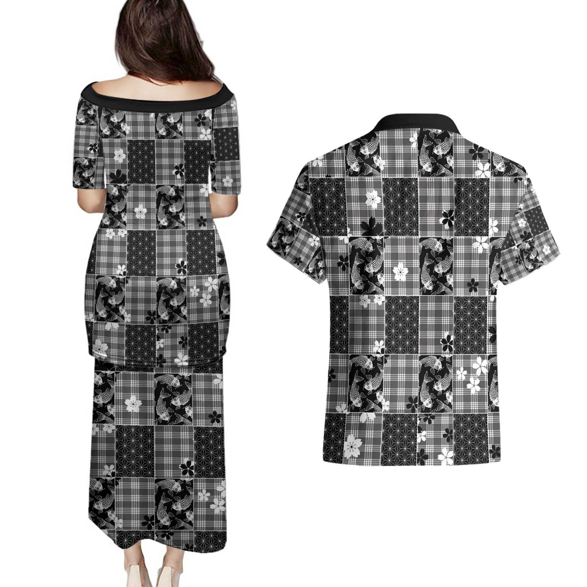 Black Palaka Japanese Patterns Couples Matching Puletasi and Hawaiian Shirt Koi Fish Asanoha Sakura Patchwork Stylized - Polynesian Pride