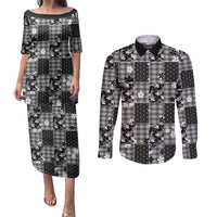 Black Palaka Japanese Patterns Couples Matching Puletasi and Long Sleeve Button Shirt Koi Fish Asanoha Sakura Patchwork Stylized - Polynesian Pride