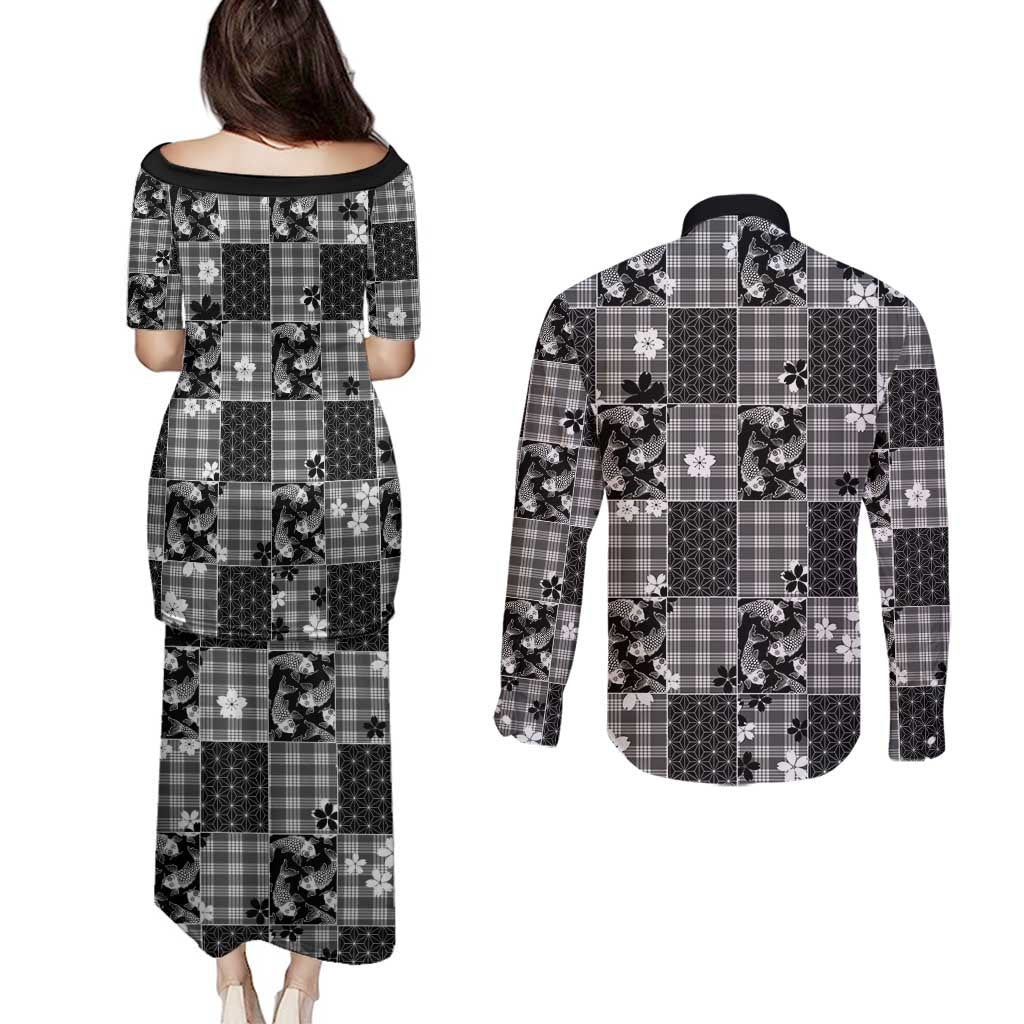 Black Palaka Japanese Patterns Couples Matching Puletasi and Long Sleeve Button Shirt Koi Fish Asanoha Sakura Patchwork Stylized - Polynesian Pride