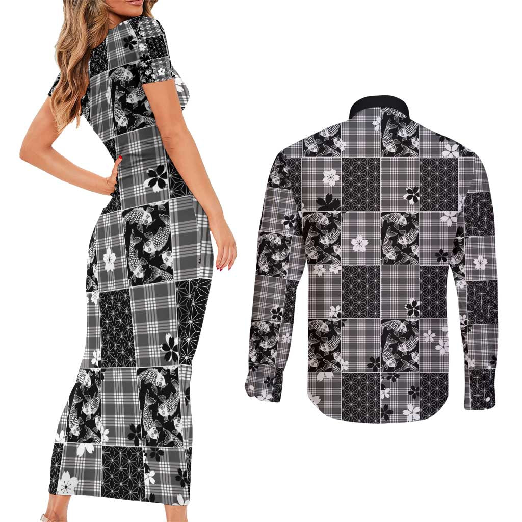Black Palaka Japanese Patterns Couples Matching Short Sleeve Bodycon Dress and Long Sleeve Button Shirt Koi Fish Asanoha Sakura Patchwork Stylized - Polynesian Pride
