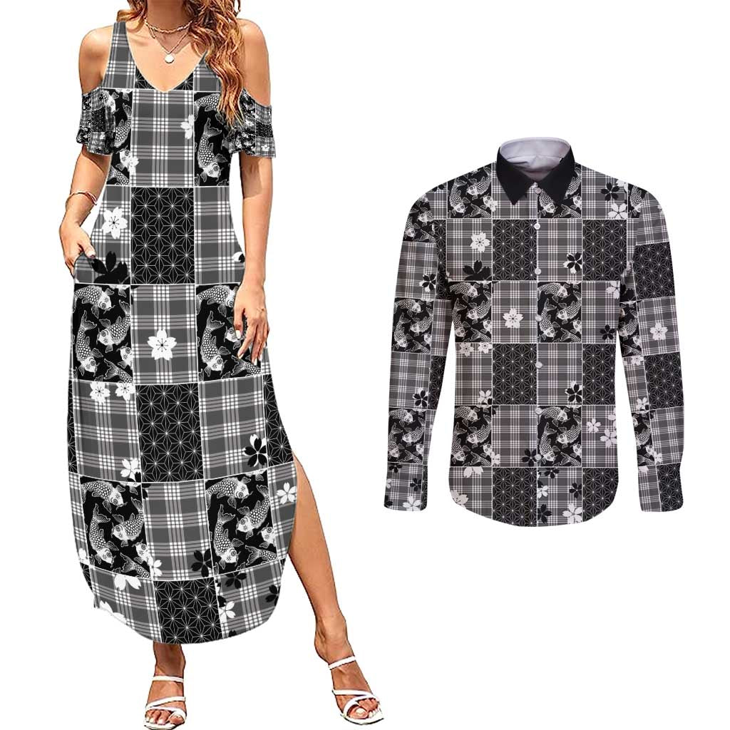 Black Palaka Japanese Patterns Couples Matching Summer Maxi Dress and Long Sleeve Button Shirt Koi Fish Asanoha Sakura Patchwork Stylized - Polynesian Pride
