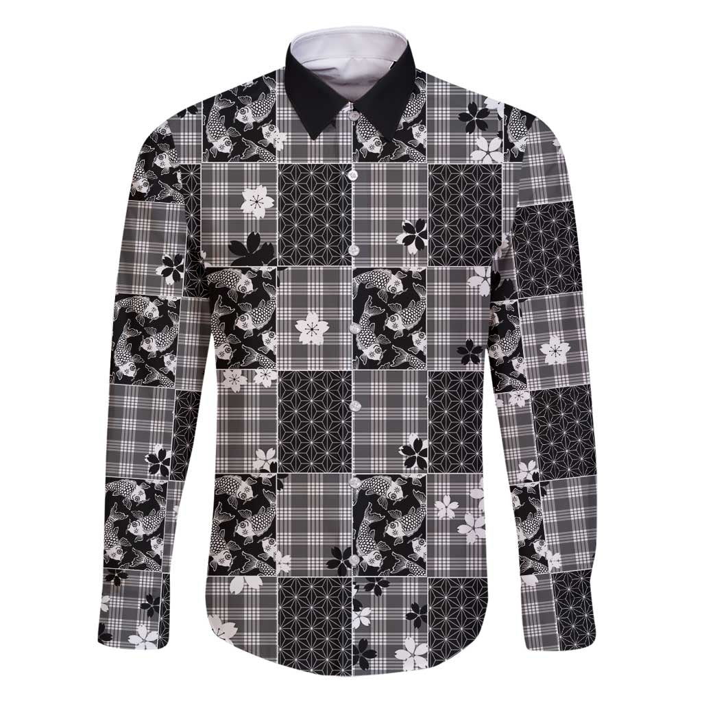 Black Palaka Japanese Patterns Family Matching Mermaid Dress and Hawaiian Shirt Koi Fish Asanoha Sakura Patchwork Stylized - Polynesian Pride