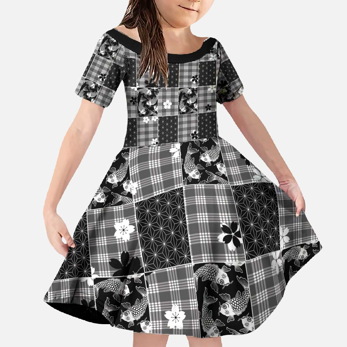 Black Palaka Japanese Patterns Family Matching Off The Shoulder Long Sleeve Dress and Hawaiian Shirt Koi Fish Asanoha Sakura Patchwork Stylized - Polynesian Pride