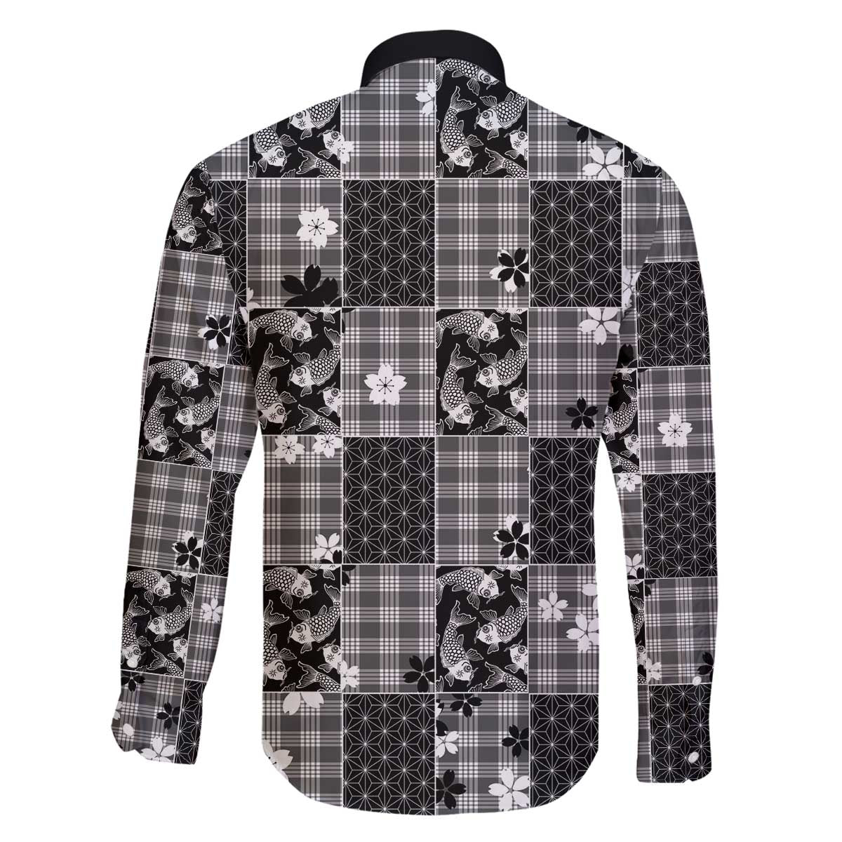 Black Palaka Japanese Patterns Family Matching Off The Shoulder Long Sleeve Dress and Hawaiian Shirt Koi Fish Asanoha Sakura Patchwork Stylized - Polynesian Pride