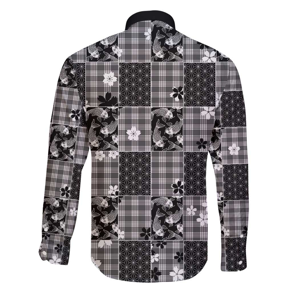 Black Palaka Japanese Patterns Family Matching Off Shoulder Short Dress and Hawaiian Shirt Koi Fish Asanoha Sakura Patchwork Stylized - Polynesian Pride