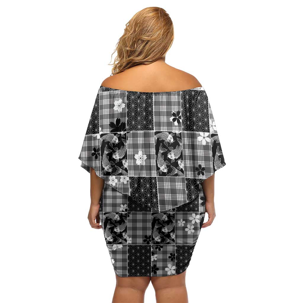 Black Palaka Japanese Patterns Family Matching Off Shoulder Short Dress and Hawaiian Shirt Koi Fish Asanoha Sakura Patchwork Stylized - Polynesian Pride