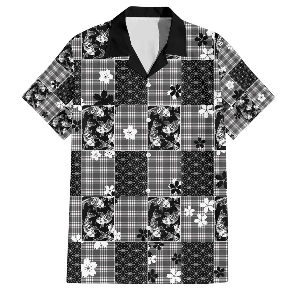 Black Palaka Japanese Patterns Family Matching Short Sleeve Bodycon Dress and Hawaiian Shirt Koi Fish Asanoha Sakura Patchwork Stylized - Polynesian Pride