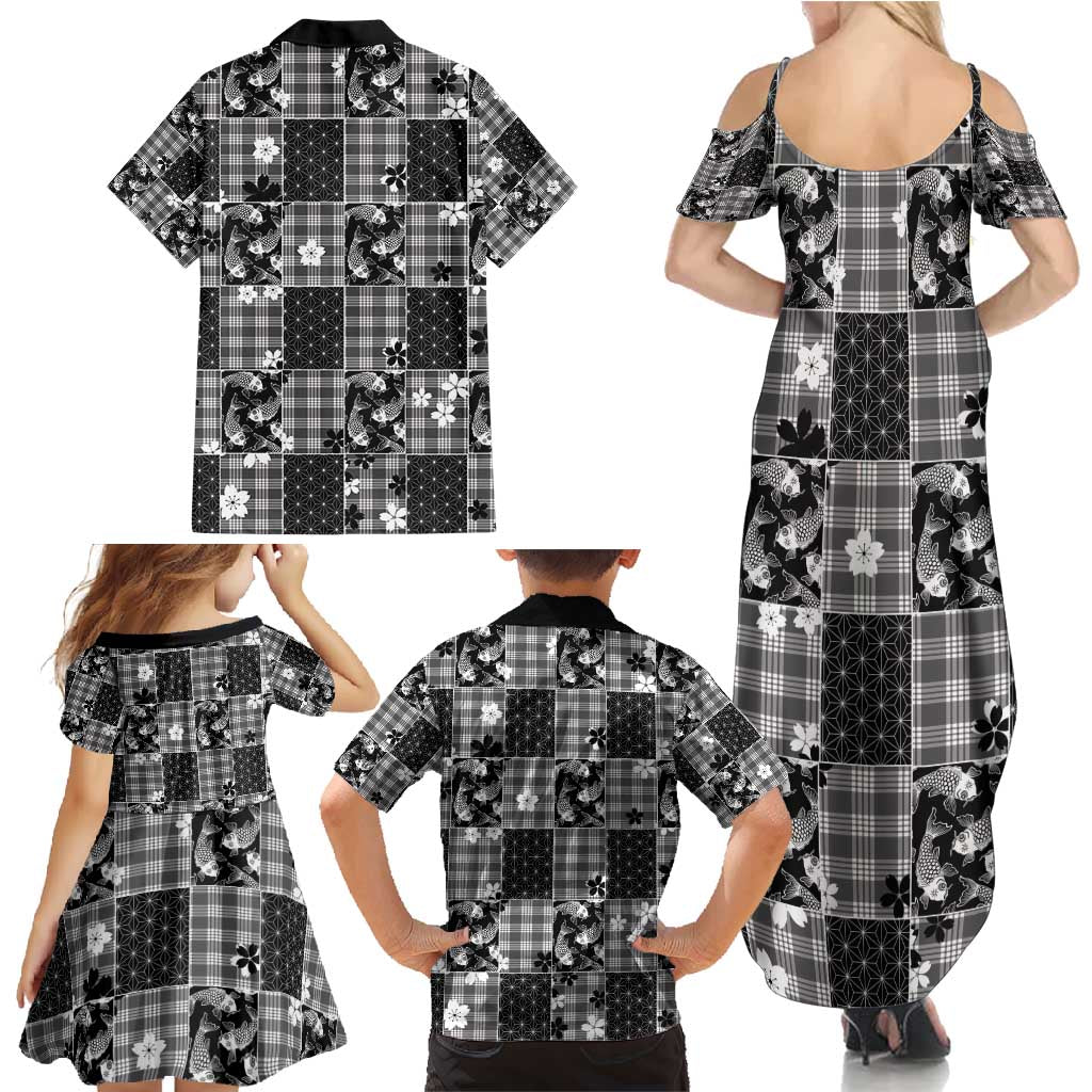Black Palaka Japanese Patterns Family Matching Summer Maxi Dress and Hawaiian Shirt Koi Fish Asanoha Sakura Patchwork Stylized - Polynesian Pride