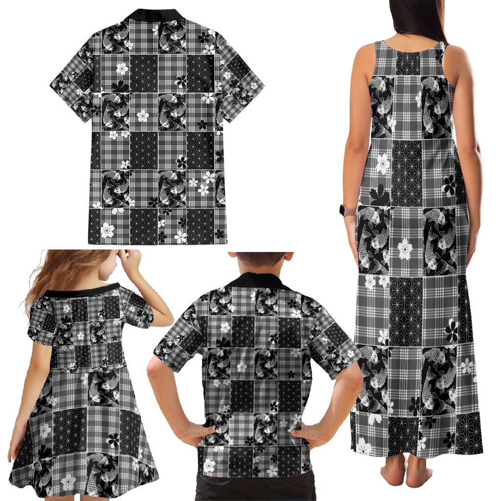 Black Palaka Japanese Patterns Family Matching Tank Maxi Dress and Hawaiian Shirt Koi Fish Asanoha Sakura Patchwork Stylized - Polynesian Pride
