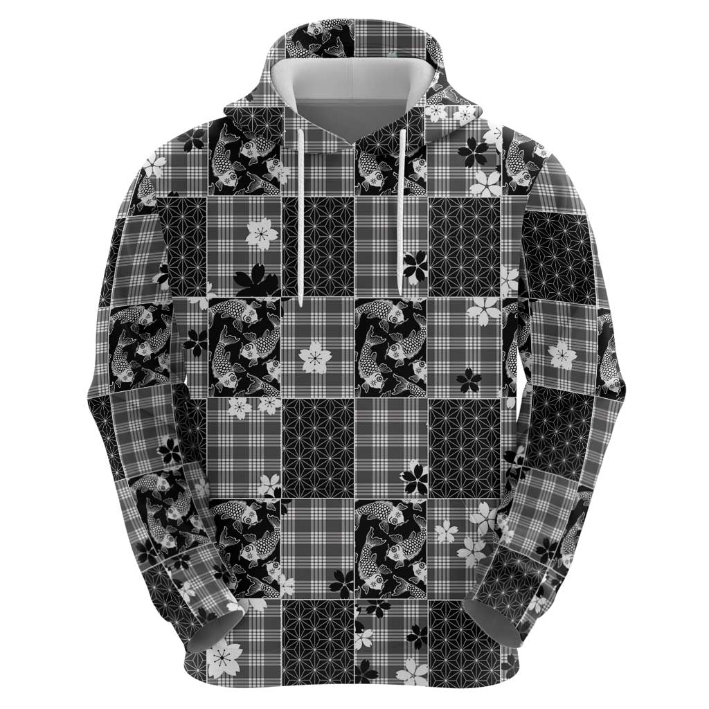 Black Palaka Japanese Patterns Hoodie Koi Fish Asanoha Sakura Patchwork Stylized - Polynesian Pride